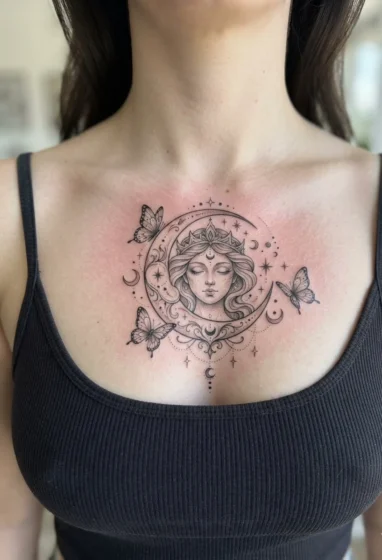 Moon Goddess Face Surrounded by Butterfli