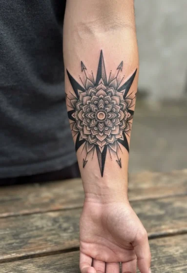 Blackwork Sun With Intricate Mandala Center
