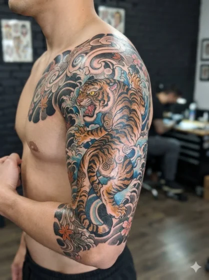 Japanese Style Tiger with Waves