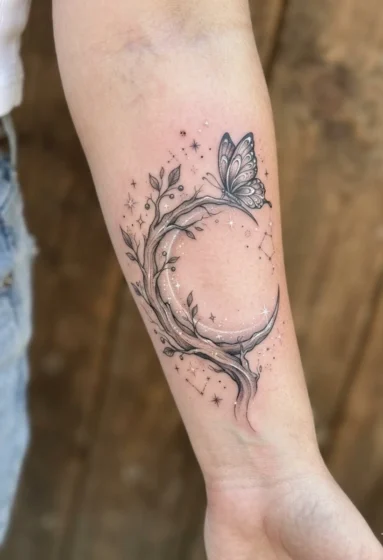 Butterfly Perched on a Glowing Moon Branch