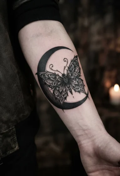 Gothic Blackwork Moon and Butterfly