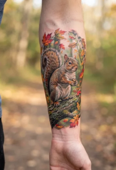 Squirrel With Autumn Leaves
