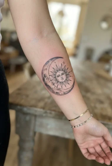 Sun Tattoo Inside a Crescent Moon