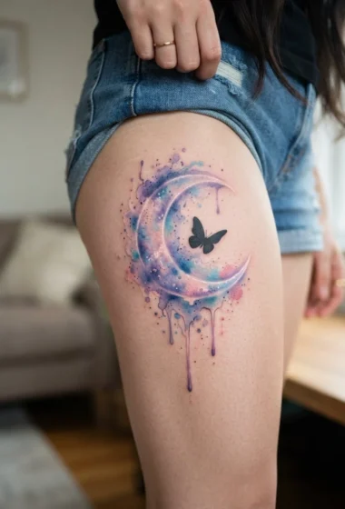 Watercolor Moon With a Soft Butterfly Silhouette