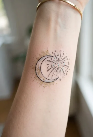 Firework Framing a Crescent Moon