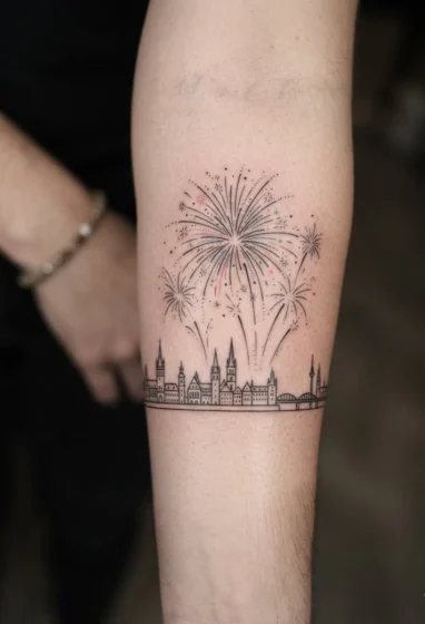 Firework Bursting Behind a City Skyline