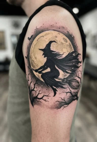 Vintage Witch Silhouette on a Broomstick
