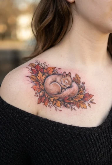 Squirrel Curled Up Sleeping in Leaves