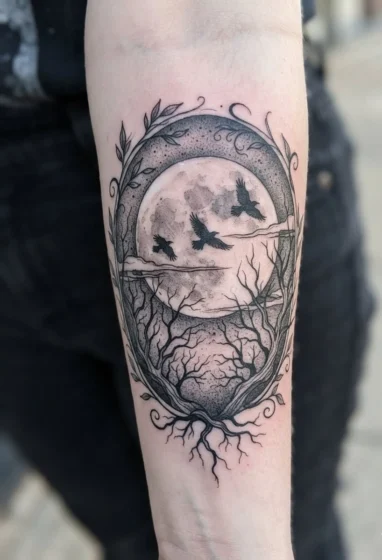 Full Moon and Flying Crows Scene