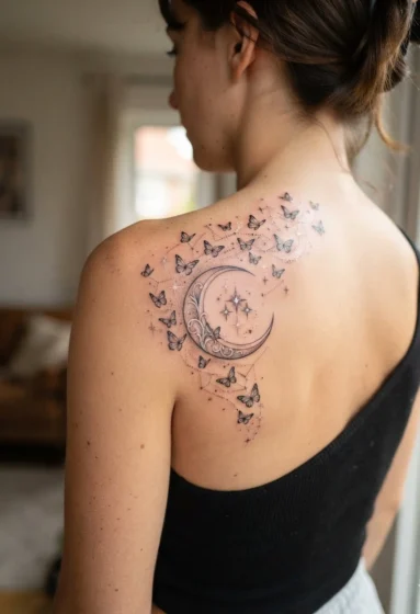 Crescent Moon With Butterflies