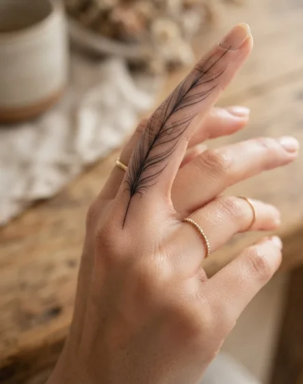 A Fine-Line Feather Along One Finger