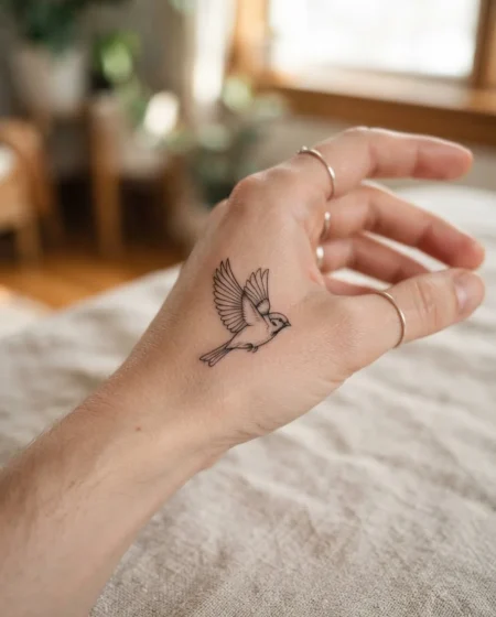 A Tiny Sparrow in Flight on the Hand