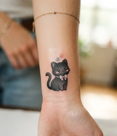 Friendly Black Cat with a Bow