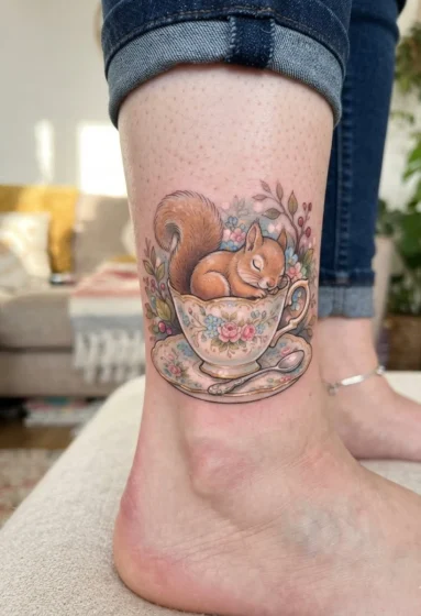 Tiny Squirrel Tucked Into a Teacup