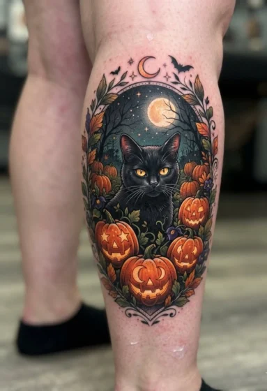 Black Cat Peeking From a Pumpkin Patch