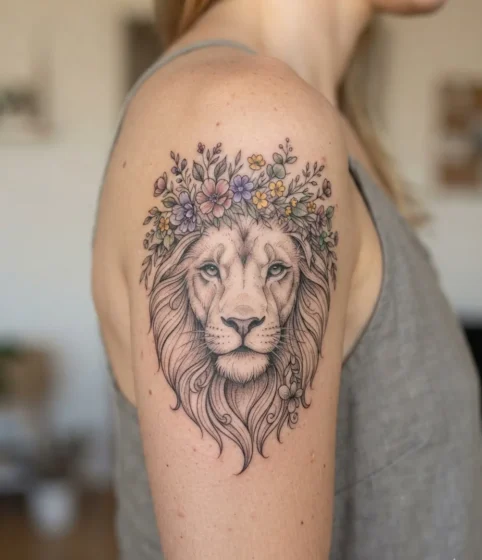 A Lion Wearing a Delicate Flower Crown