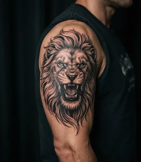 A Roaring Lion Face in Bold Linework