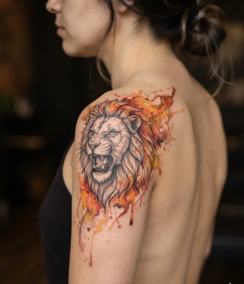 A Watercolor Lion With Fiery Orange Splashes