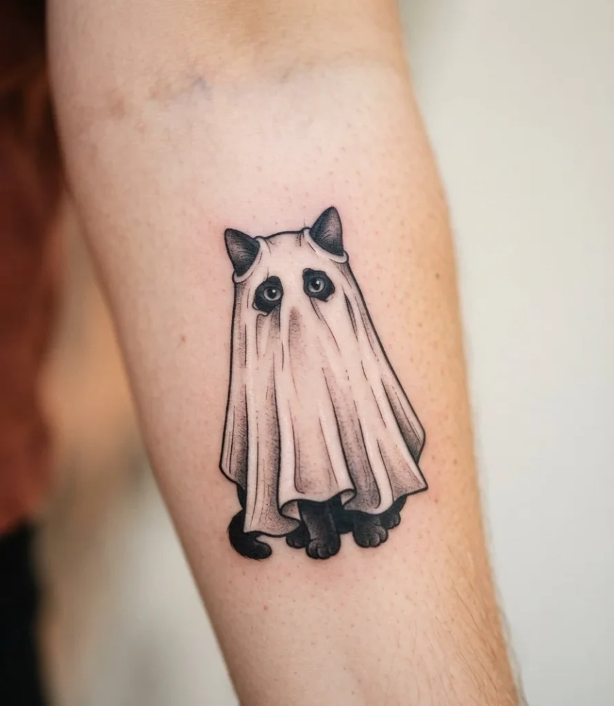Black Cat in a Ghost Costume