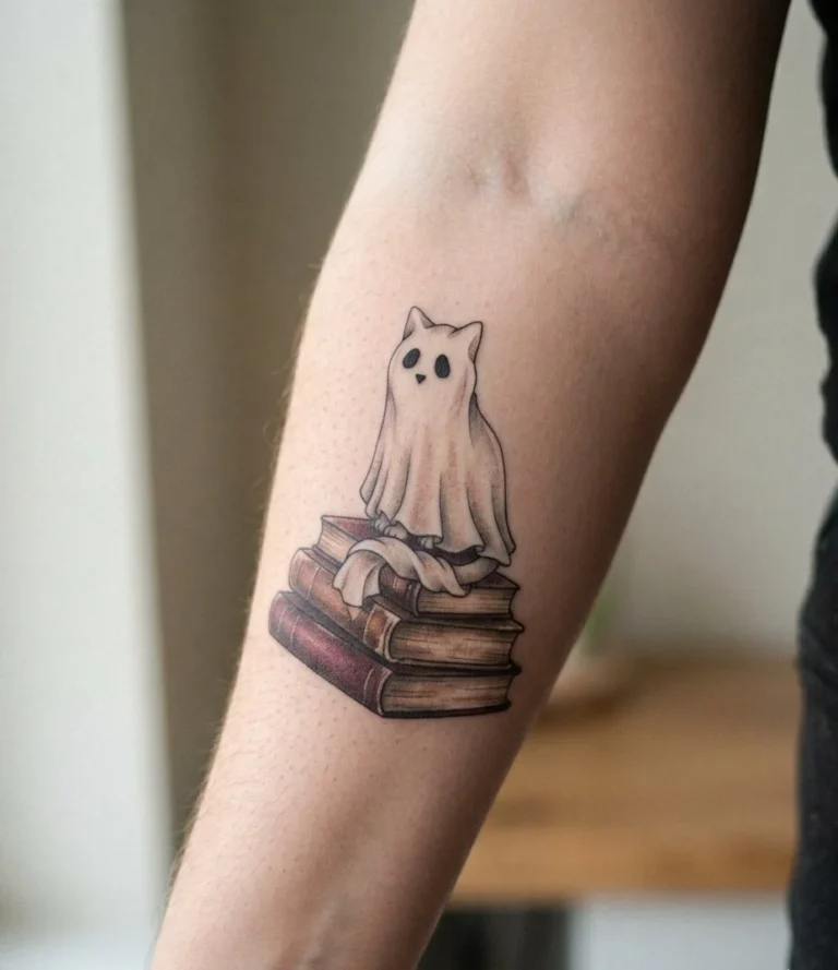 Cat Ghost Perched on a Stack of Books
