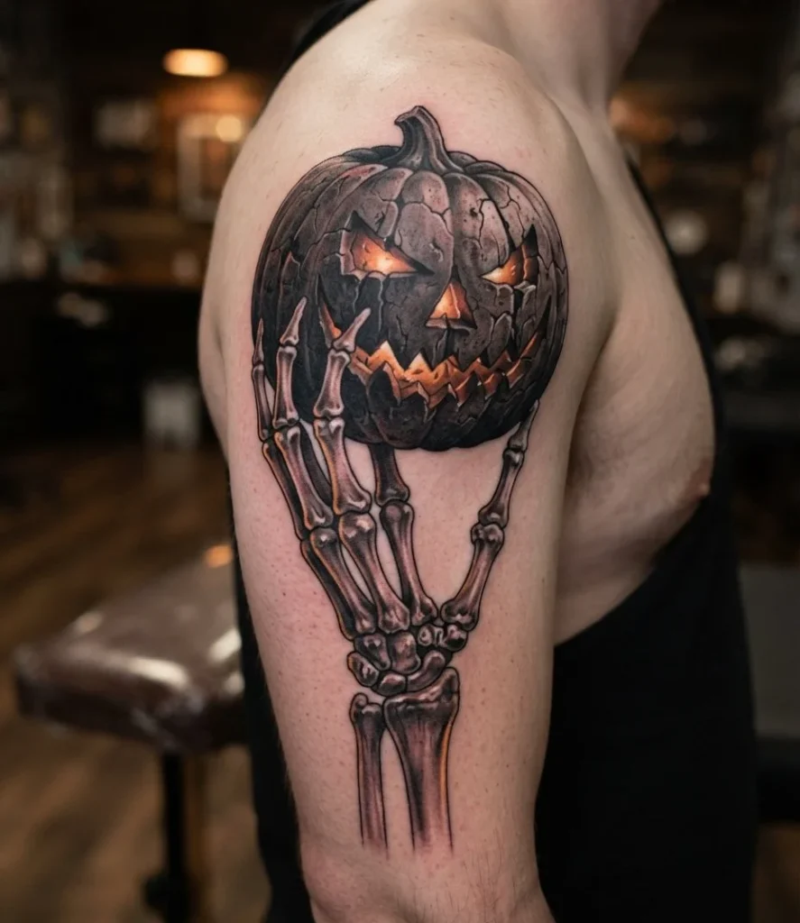 Skeleton Hand Holding a Pumpkin