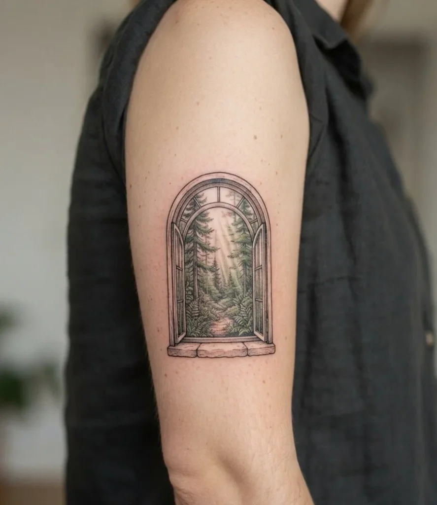 Arched Woodland Window Tattoo