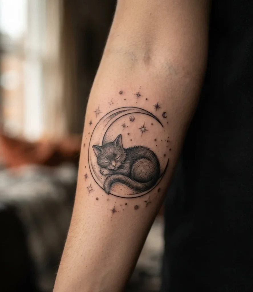 Sleeping Black Cat in a Crescent Moon