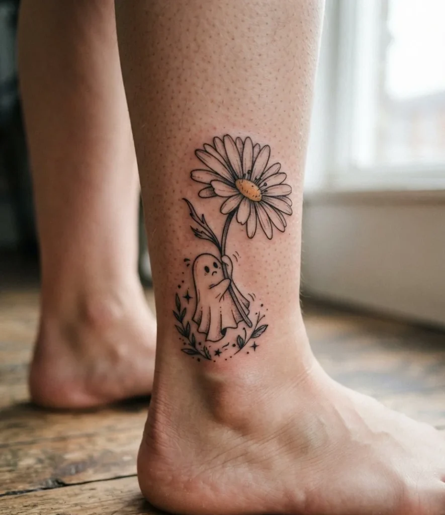 Tiny Ghost with Giant Daisy Tattoo